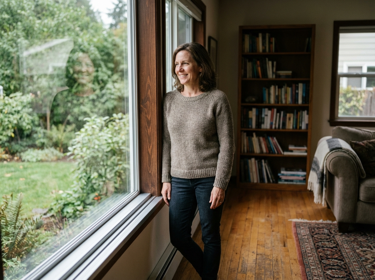 Femme d'âge moyen dans un salon moderne et cosy