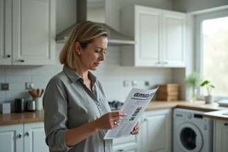 Femme examinant avec scepticisme une brochure promotionnelle de lave-linge dans une cuisine moderne