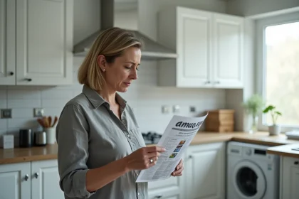 Femme examinant avec scepticisme une brochure promotionnelle de lave-linge dans une cuisine moderne