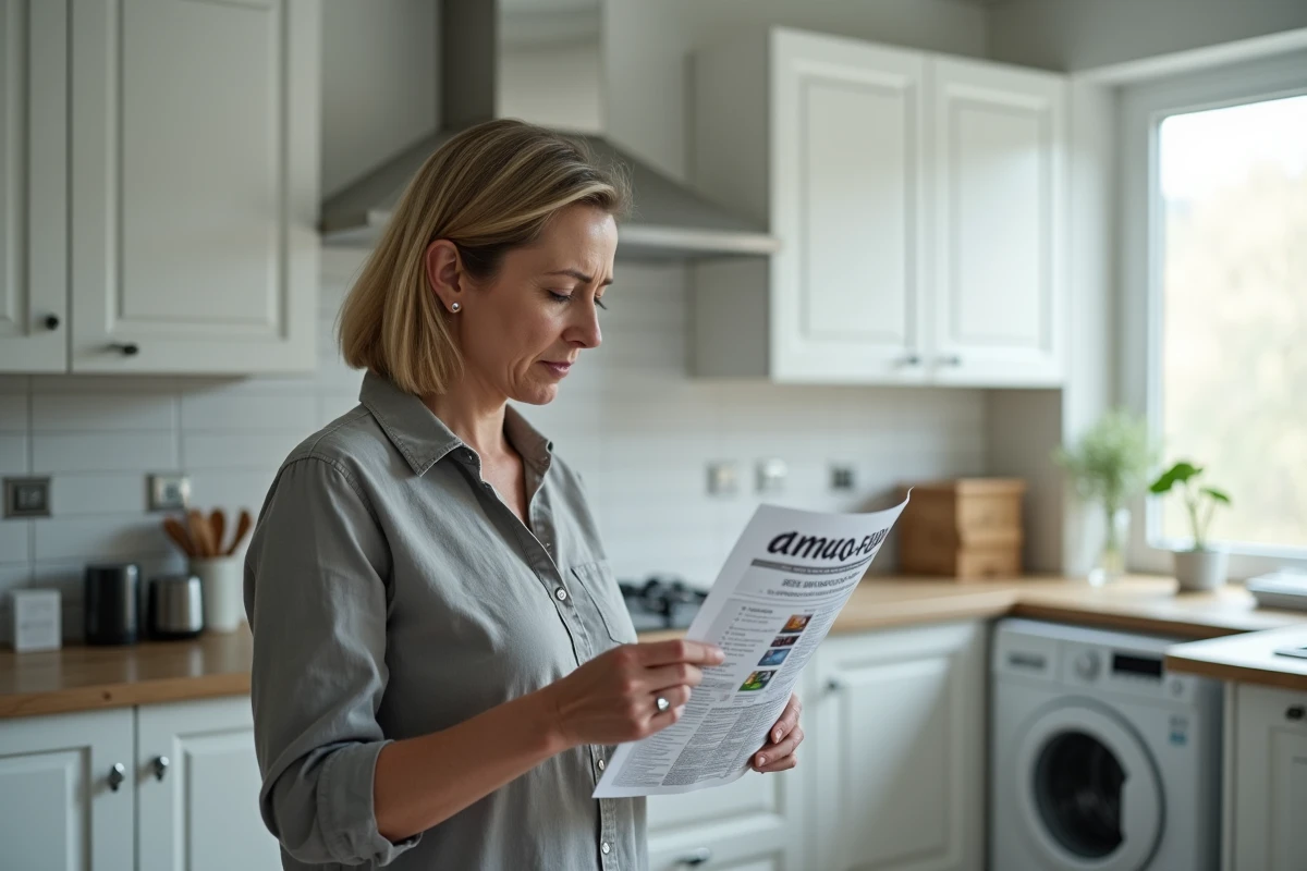 Femme examinant avec scepticisme une brochure promotionnelle de lave-linge dans une cuisine moderne