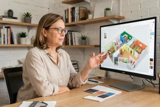 Femme utilisant un simulateur de décoration intérieure en 3D sur ordinateur avant des travaux de rénovation
