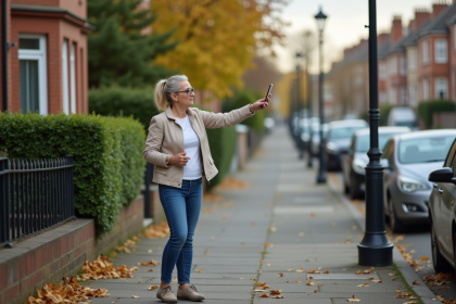 Femme tenant son smartphone devant un lampadaire cassé dans un quartier résidentiel