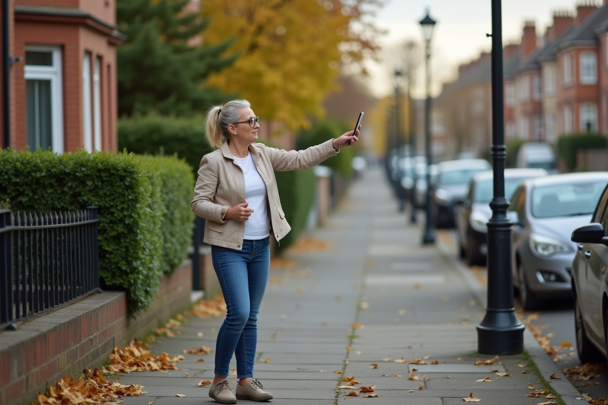 Femme tenant son smartphone devant un lampadaire cassé dans un quartier résidentiel