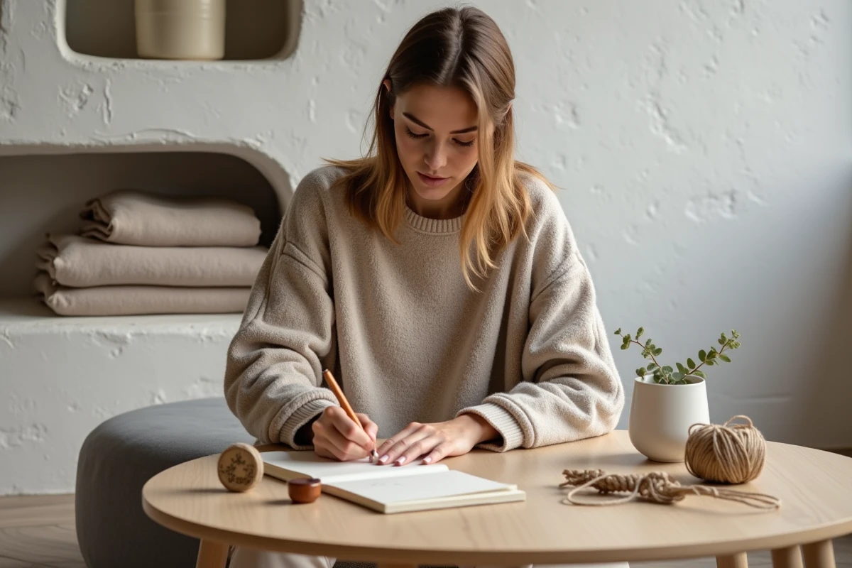 Femme en tenue scandinave écrivant sur du papier beige épais avec accessoires naturels et décoration nordique