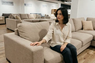 Femme testant un canapé d'angle dans un magasin BUT, évaluant la qualité du tissu