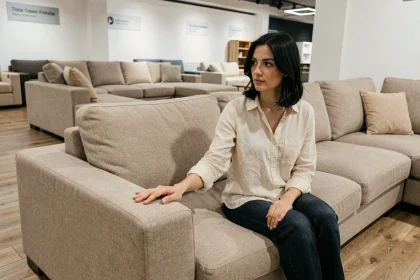 Femme testant un canapé d'angle dans un magasin BUT, évaluant la qualité du tissu