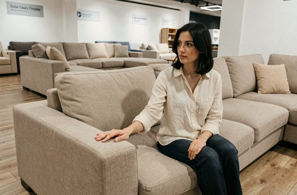 Femme testant un canapé d'angle dans un magasin BUT, évaluant la qualité du tissu