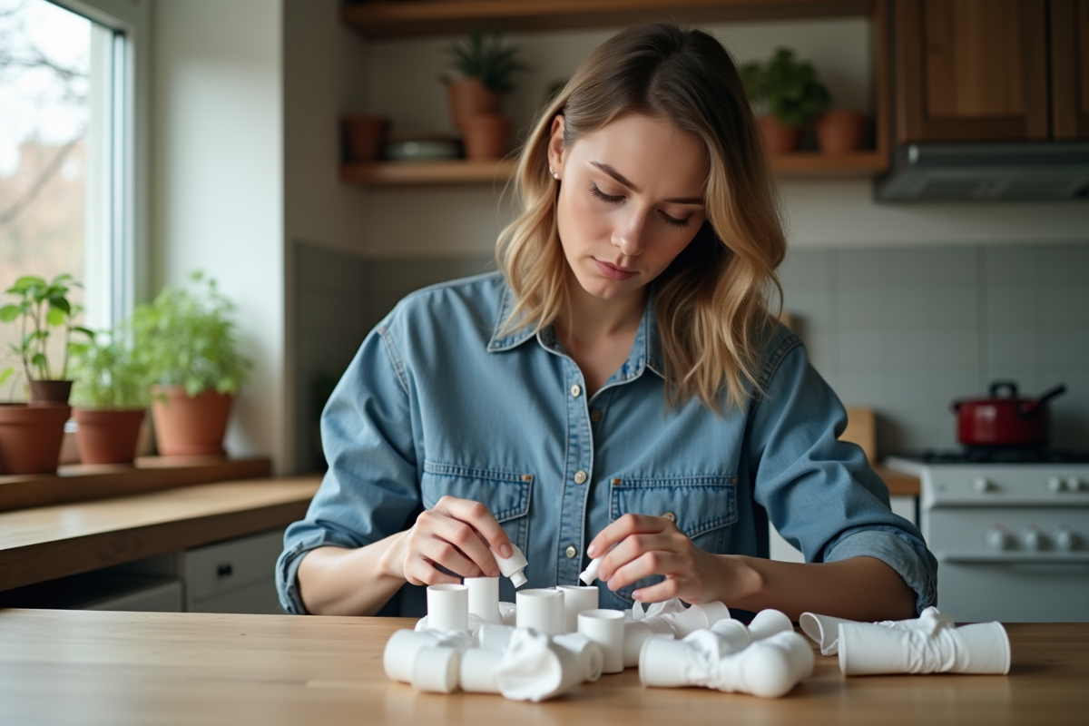 Jeune femme triant des tubes de dentifrice vides à la maison