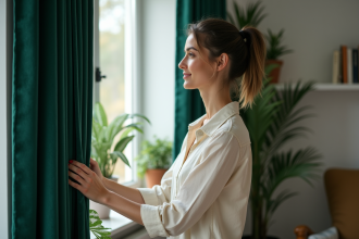 Femme en profil avec rideaux en velours vert dans un salon