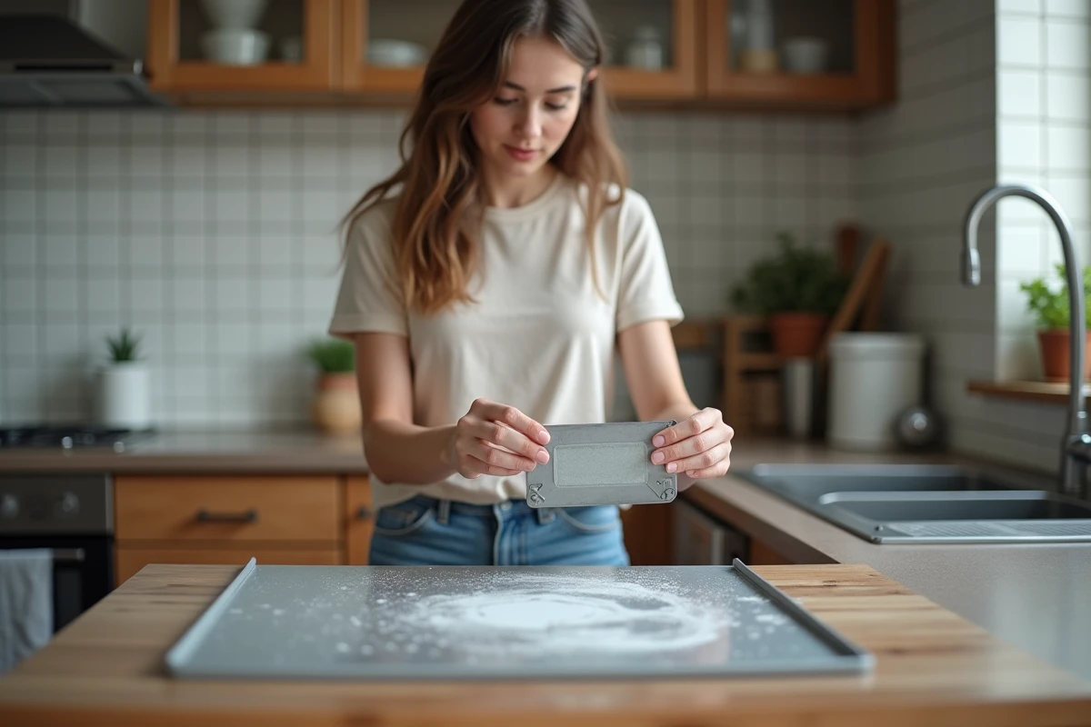 Jeune femme v&eacute;rifiant une plaque de plastique sur un plan de travail