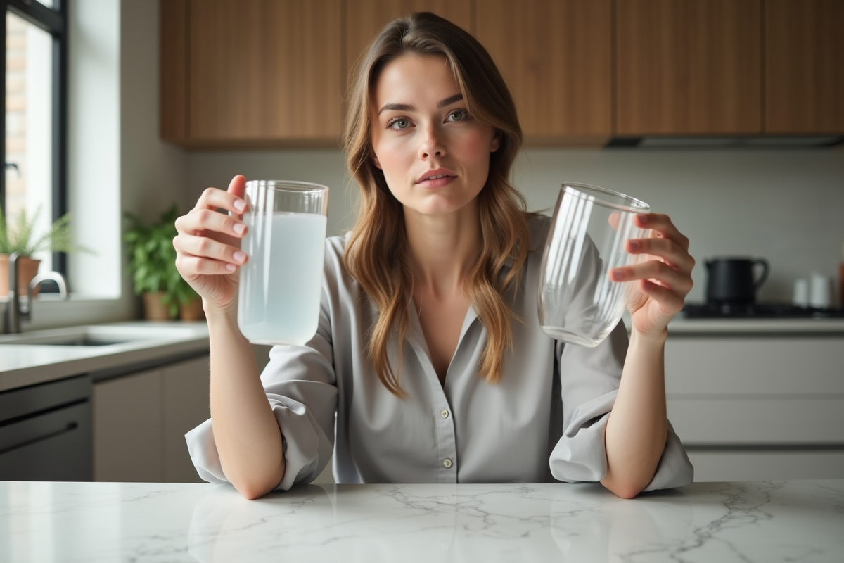 Femme comparant verre et polycarbonate dans une cuisine moderne