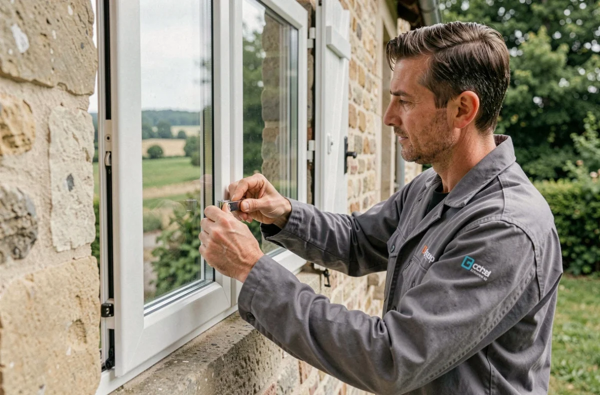 Technicien de Fenêtres sur Loir posant une fenêtre en PVC dans une maison en pierre de la vallée de la Loire