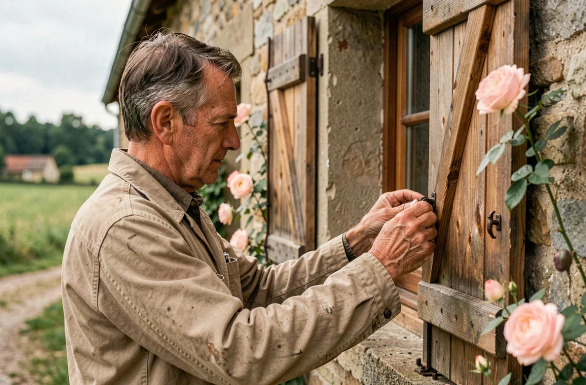Artisan du Fenetrier De L'Anjou posant un volet en bois traditionnel sur une ferme en pierre de l'Anjou