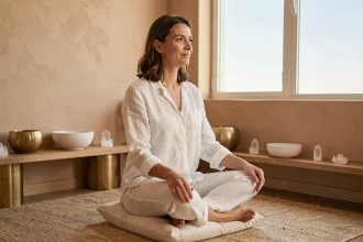 Femme pratiquant la méditation dans un espace décoré selon le Feng Shui du secteur Ouest avec des touches dorées et des cristaux blancs