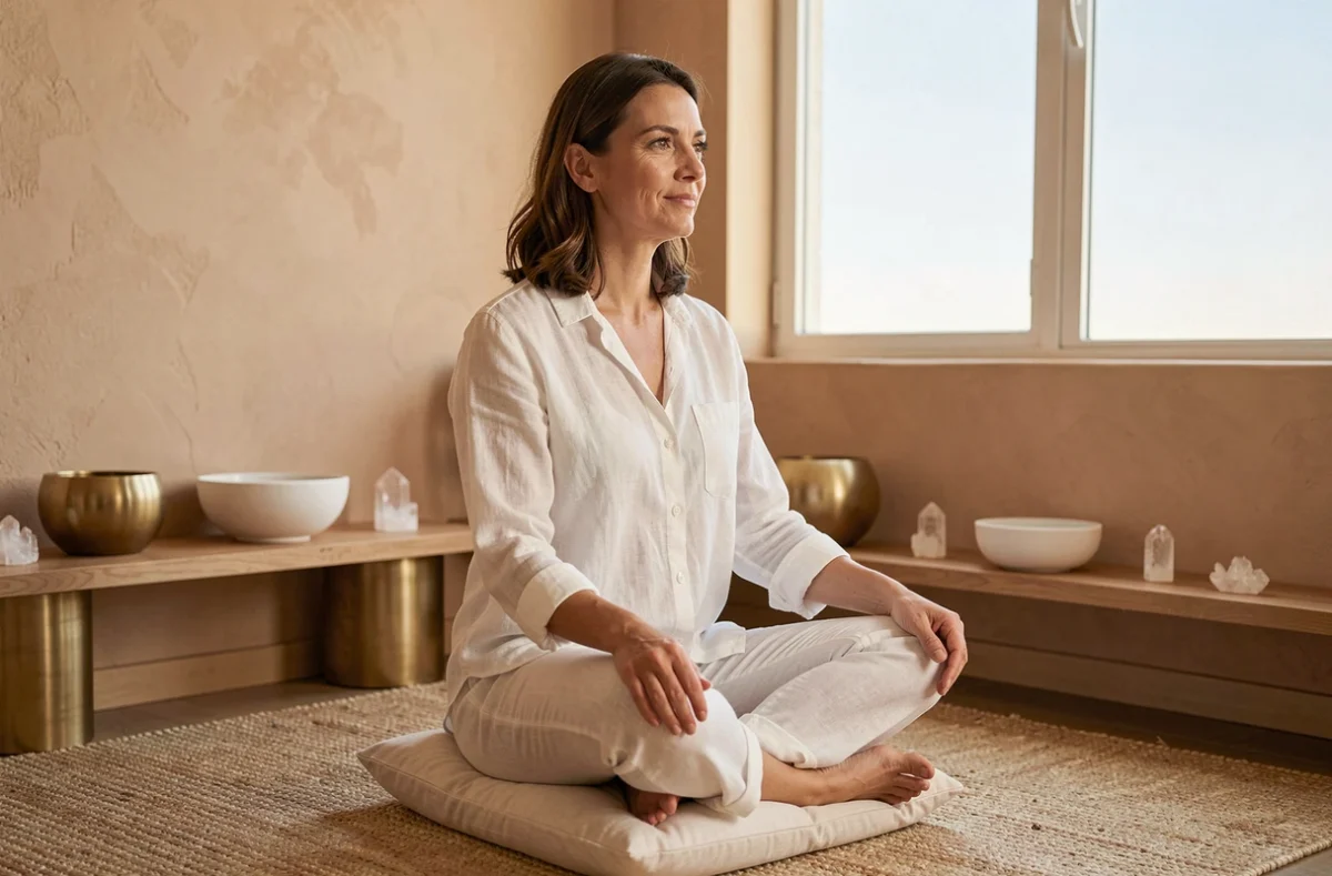 Femme pratiquant la méditation dans un espace décoré selon le Feng Shui du secteur Ouest avec des touches dorées et des cristaux blancs