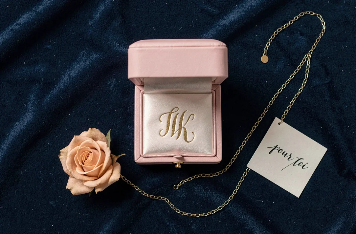 Flat lay d'une boîte à bijoux personnalisée en simili cuir rose sur velours marine, entourée de rose séchée, chaîne dorée et carte calligraphiée