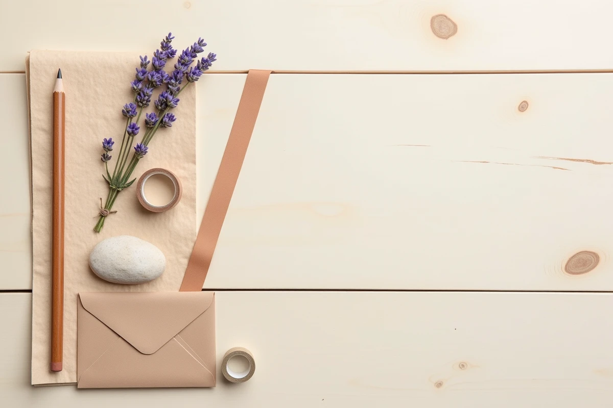 Flat lay de papeterie scandinave en papier beige texturé avec accessoires naturels sur fond bois clair