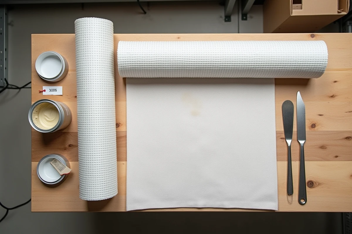 Rouleaux de toile en fibre de verre et fournitures de rénovation sur un établi de bricolage