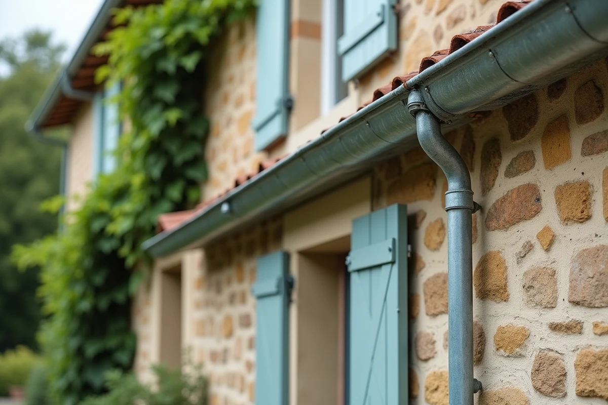 Gouttière et descente en zinc patiné sur la façade d'une maison en pierre de style français