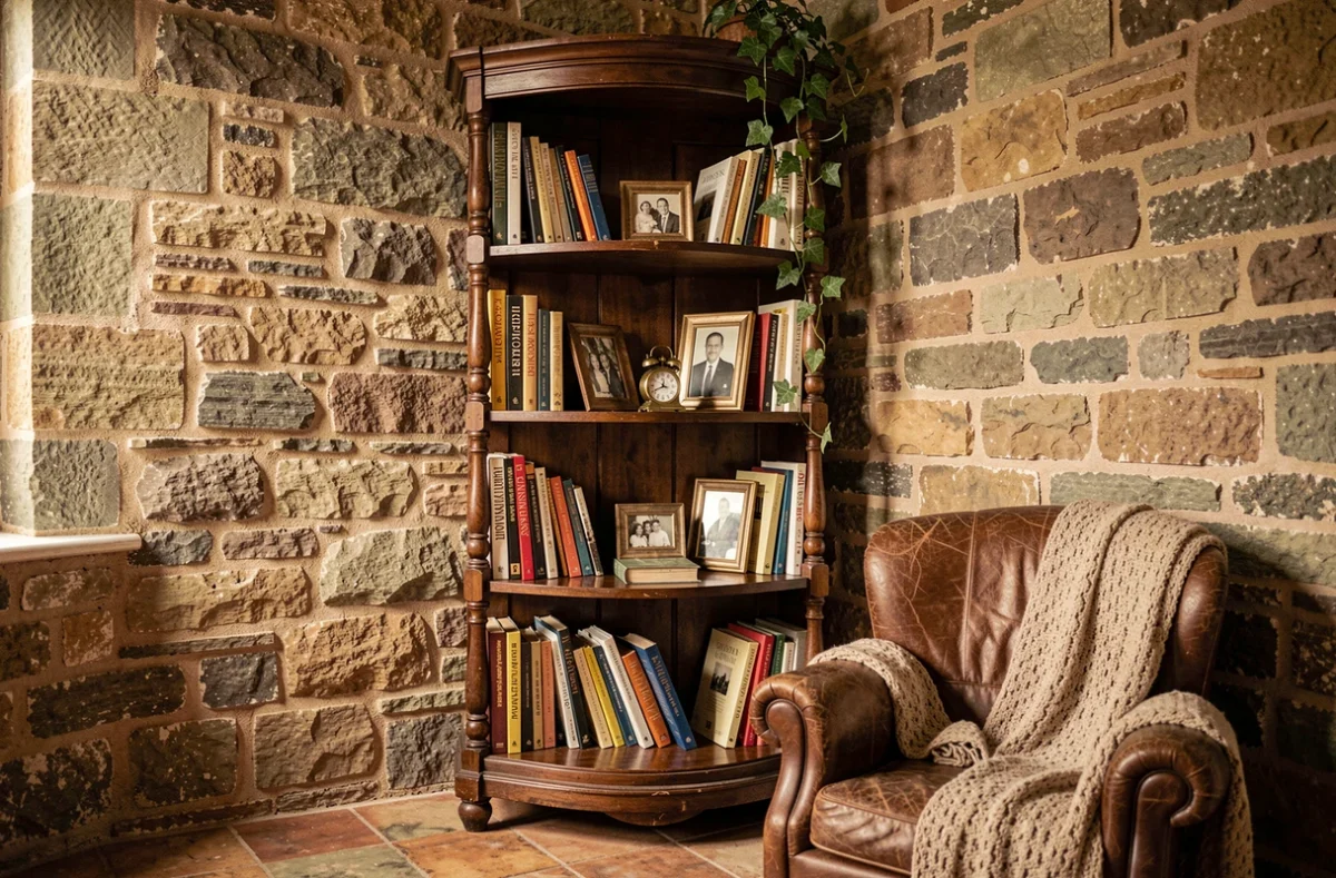 Grande bibliothèque tournante en acajou vintage dans un coin lecture cosy avec fauteuil en cuir et mur en pierre