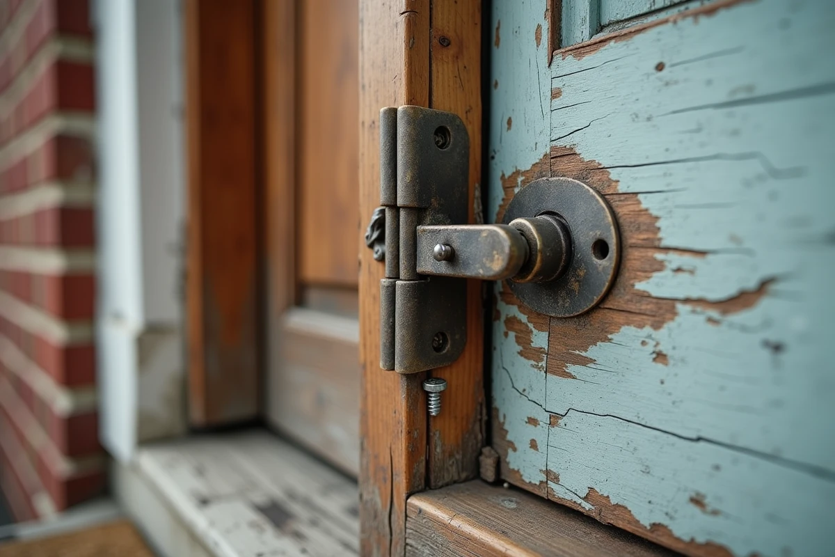 Gros plan sur une charnière de porte d'entrée mal fixée avec fissures du cadre en bois et vis saillante signe d'une pose ratée