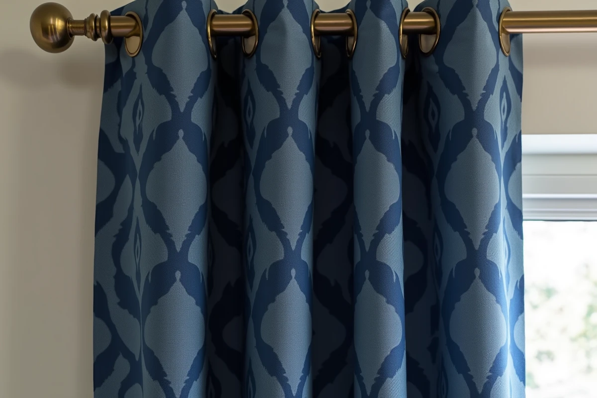 Gros plan sur un rideau occultant motif Art Déco bleu marine avec anneaux en laiton sur tringle dorée