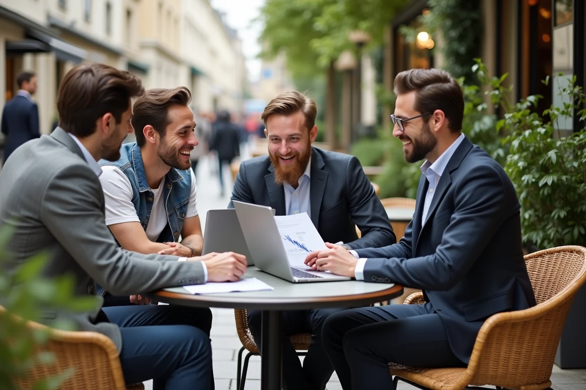 Groupe de jeunes professionnels collaborant en terrasse