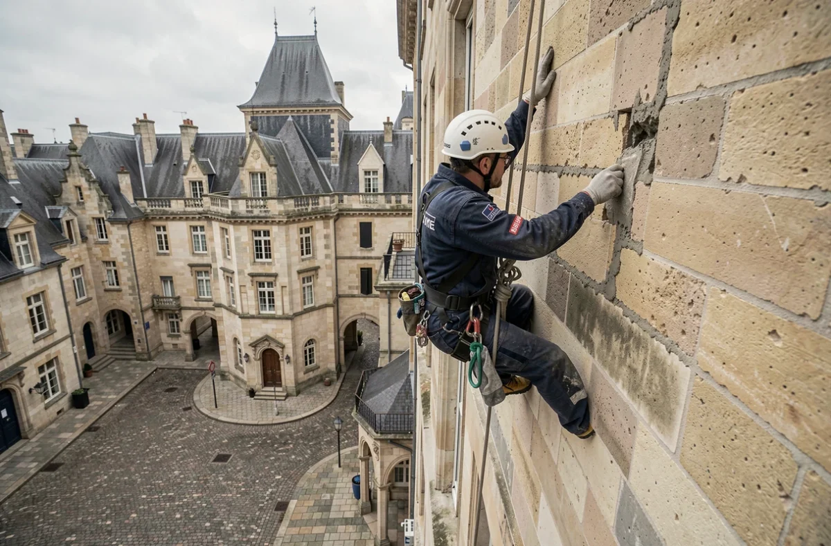 Technicien de Guillaume Travaux Acrobatiques réalisant des travaux en hauteur sur une façade historique de Bourges