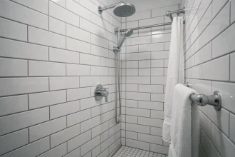 Mitigeur de douche chromé installé à hauteur optimale dans une petite salle de bains carrelée en blanc