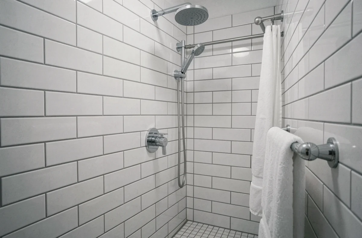 Mitigeur de douche chromé installé à hauteur optimale dans une petite salle de bains carrelée en blanc