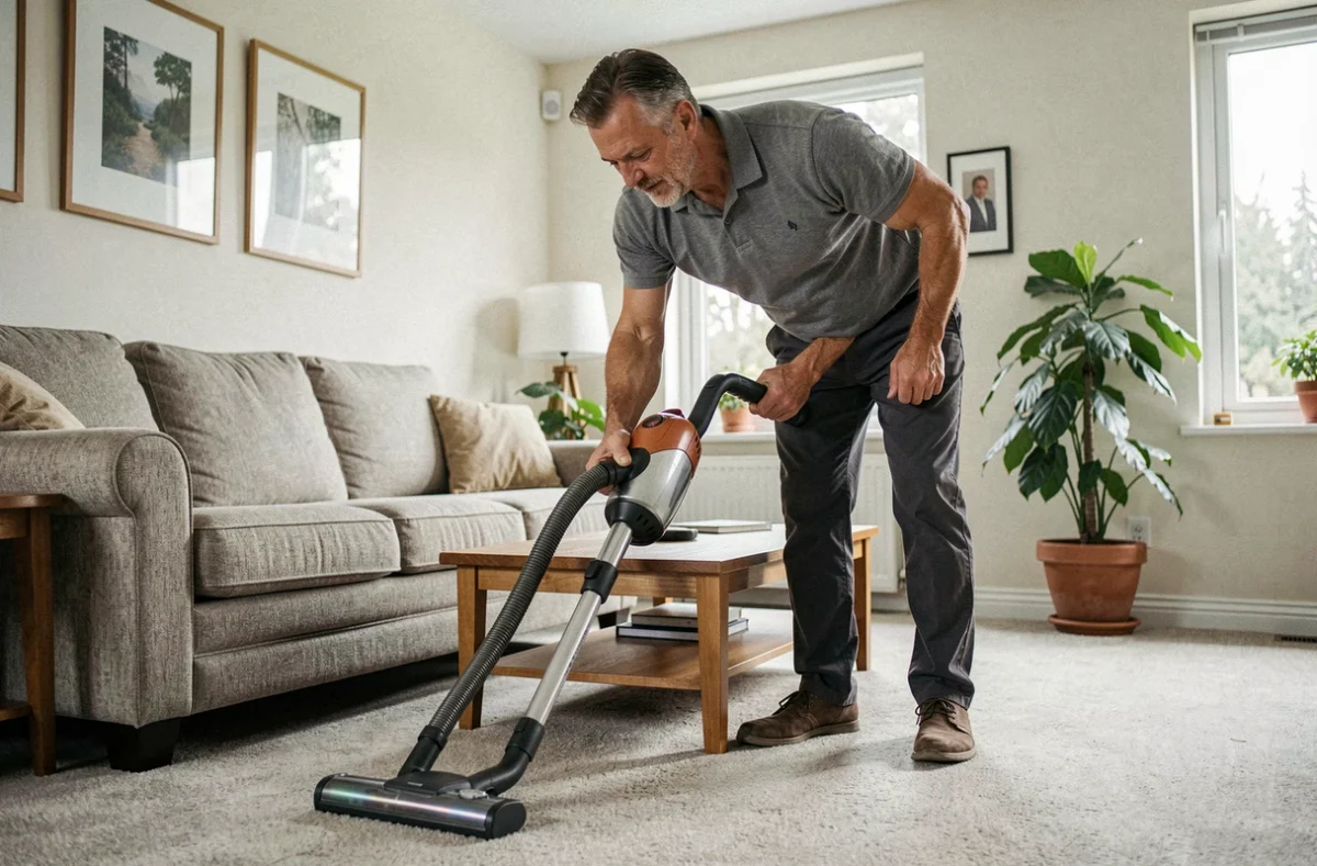 Homme effectuant le ménage à domicile en passant l'aspirateur dans un salon ordinaire