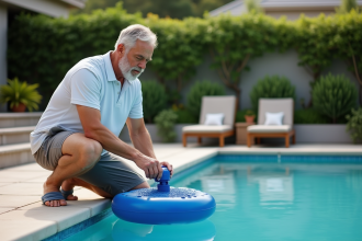 Homme d'âge moyen ajustant le pH de la piscine extérieure