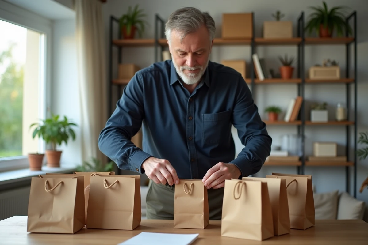 Homme assemblant des pochettes cadeaux dans un bureau à domicile