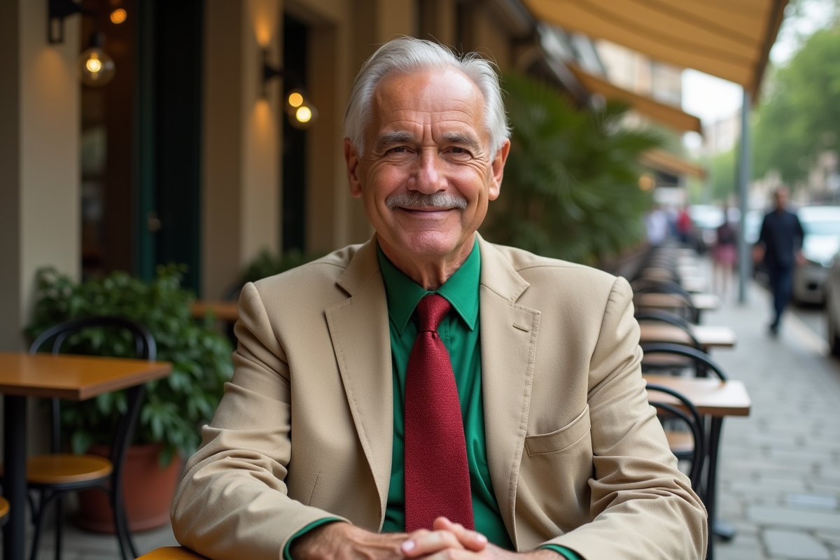 Homme en costume coloré assis à une terrasse de café en ville