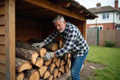 Homme moyen&acirc;geux empilant du bois dans un abri en jardin