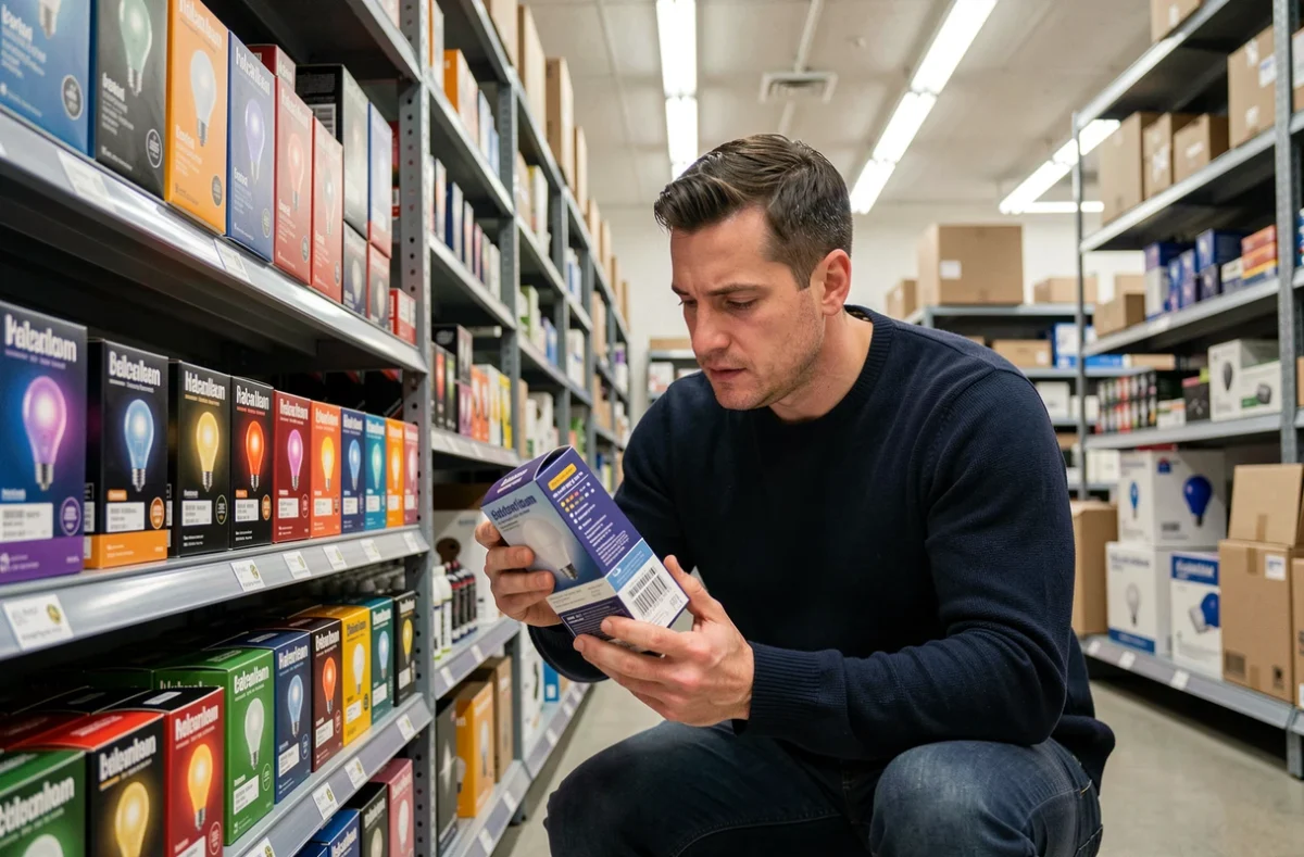 Homme lisant l'étiquette d'une ampoule LED en rayon de magasin pour choisir la bonne température de couleur
