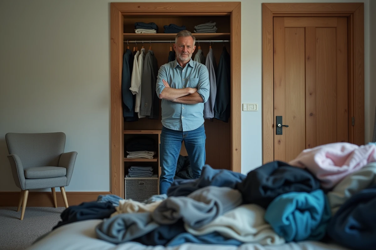 Homme pr&eacute;occup&eacute; devant un placard encombr&eacute; et d&eacute;sordonn&eacute;