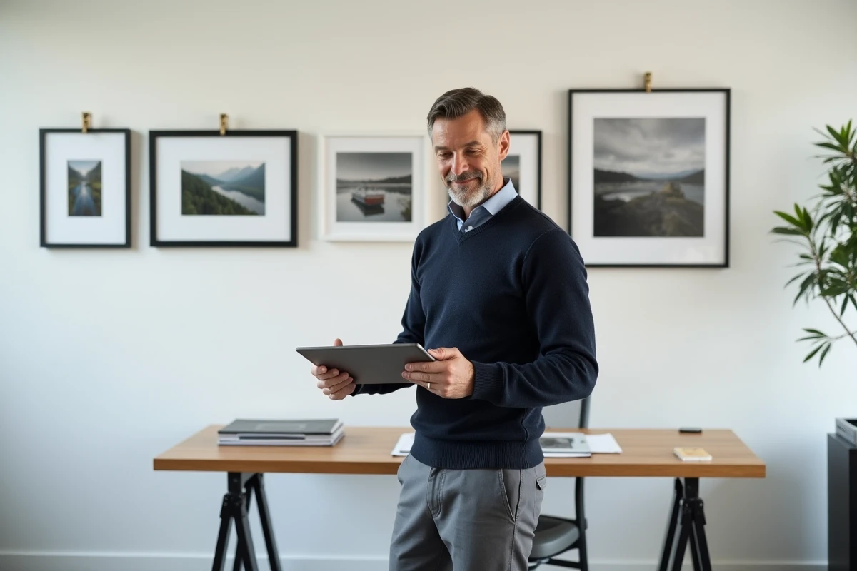 Homme évaluant des reproductions d'art de différents sites de décoration sur un mur blanc dans un bureau moderne