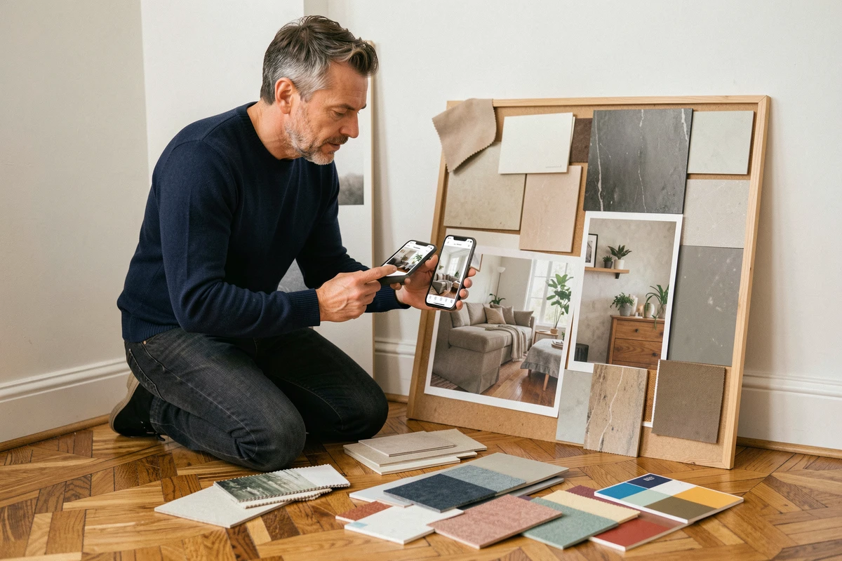 Homme comparant des échantillons de matériaux réels avec un simulateur d'habitat sur smartphone pour des travaux de décoration