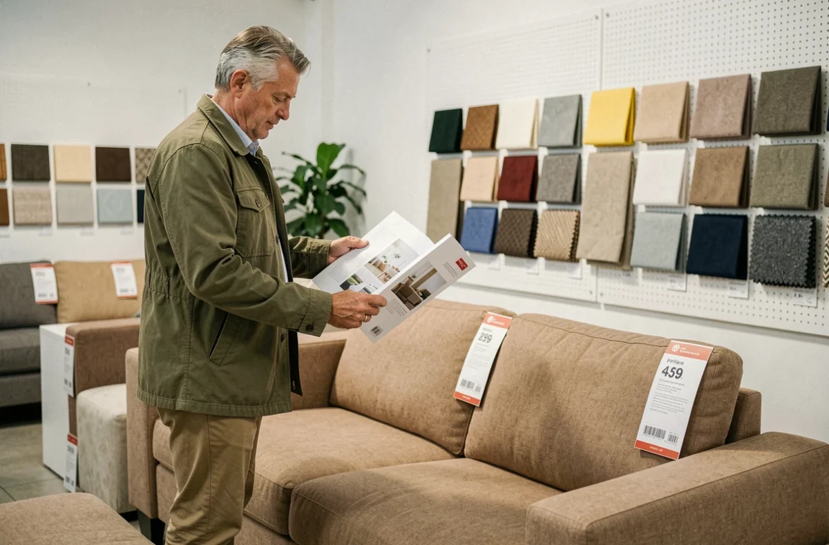 Homme comparant un canapé modulable avec un catalogue dans un showroom BUT