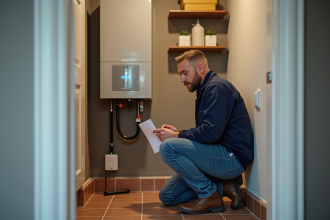 Homme moyenâge en jeans examine une chaudière gaz moderne