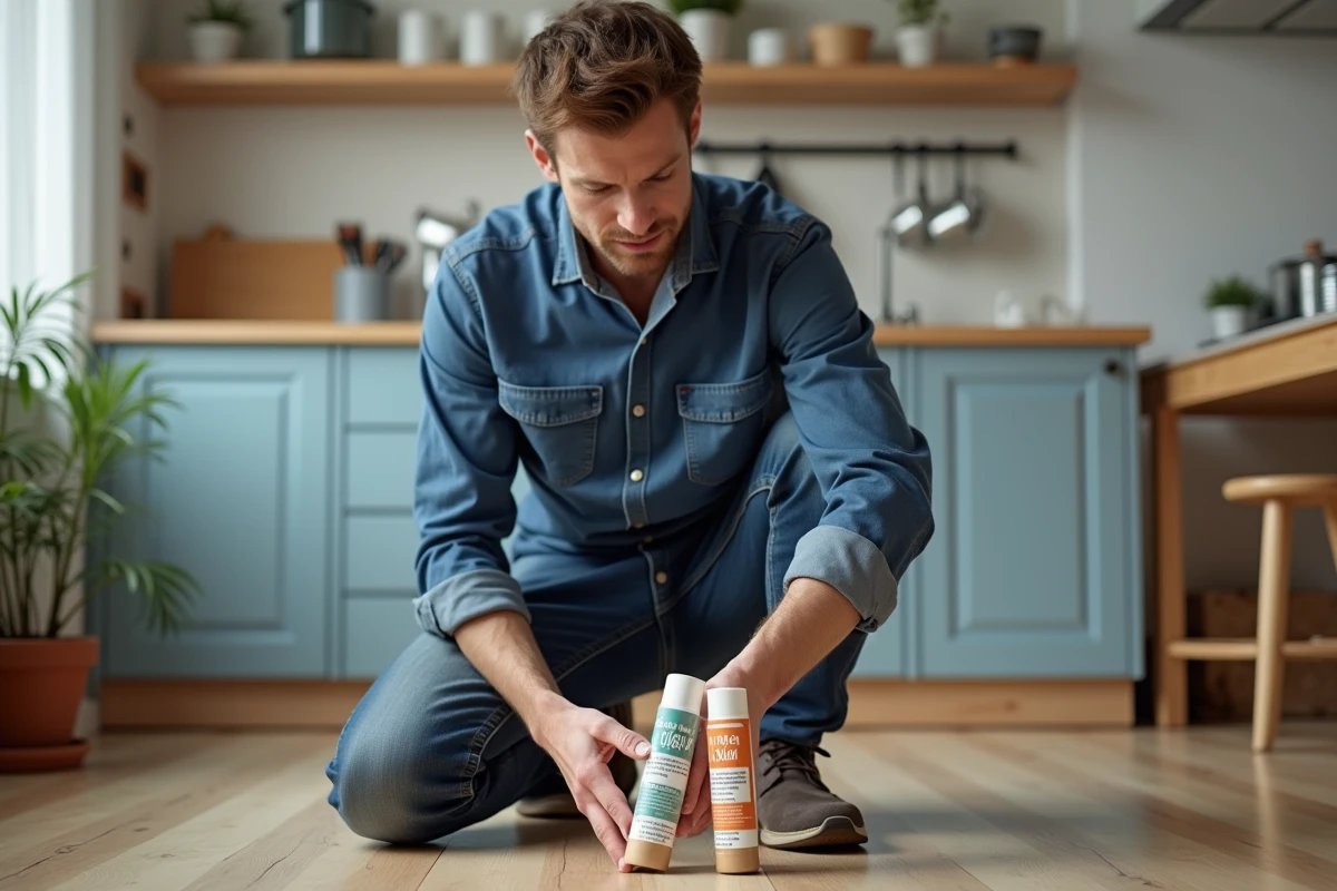 Homme en cuisine compare deux tubes de colle