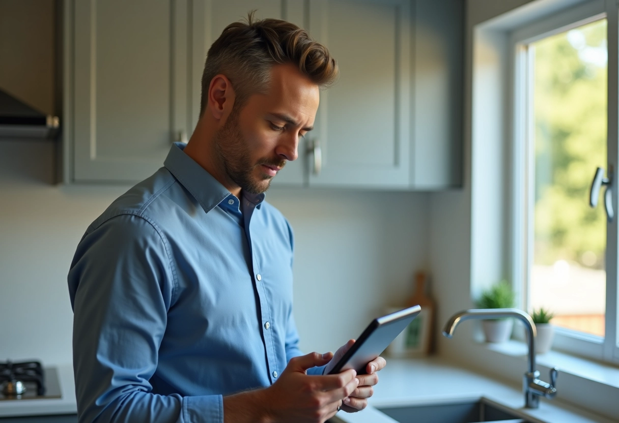 Homme en cuisine tenant une tablette avec plan 3D maison