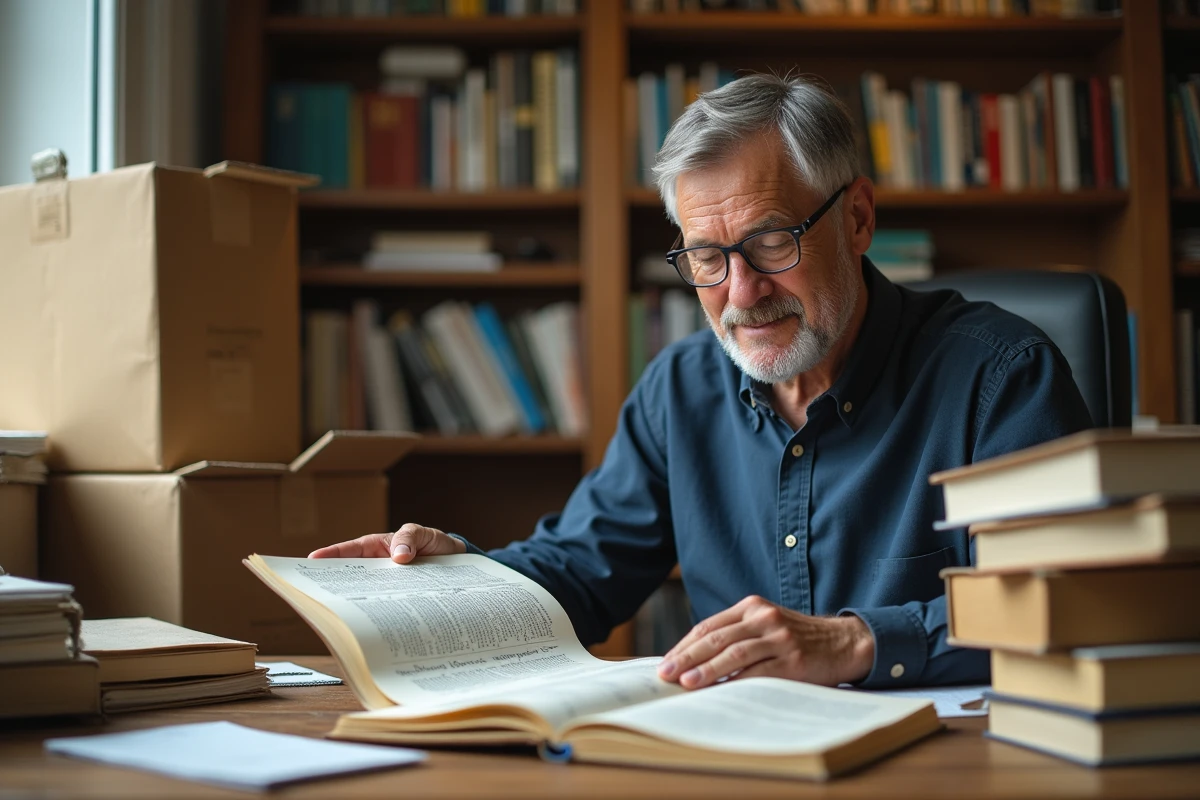 Homme consultant un dictionnaire de synonymes français dans un bureau pendant un déménagement