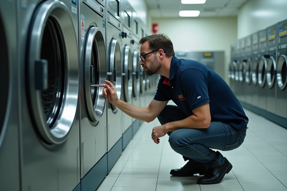Homme inspectant l'intérieur d'un tambour de lave-linge dans une laverie automatique