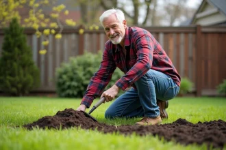 Homme d'âge moyen en vêtements de jardinage étalant du compost sur la pelouse