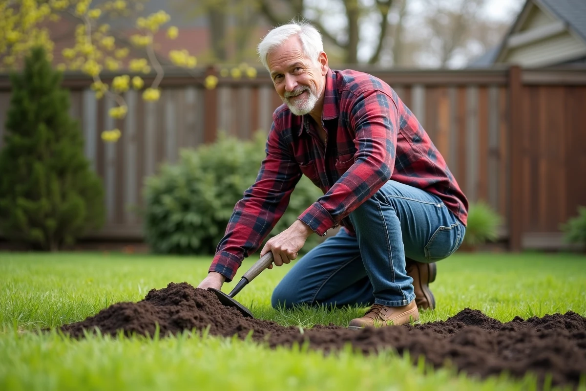 Homme d'âge moyen en vêtements de jardinage étalant du compost sur la pelouse