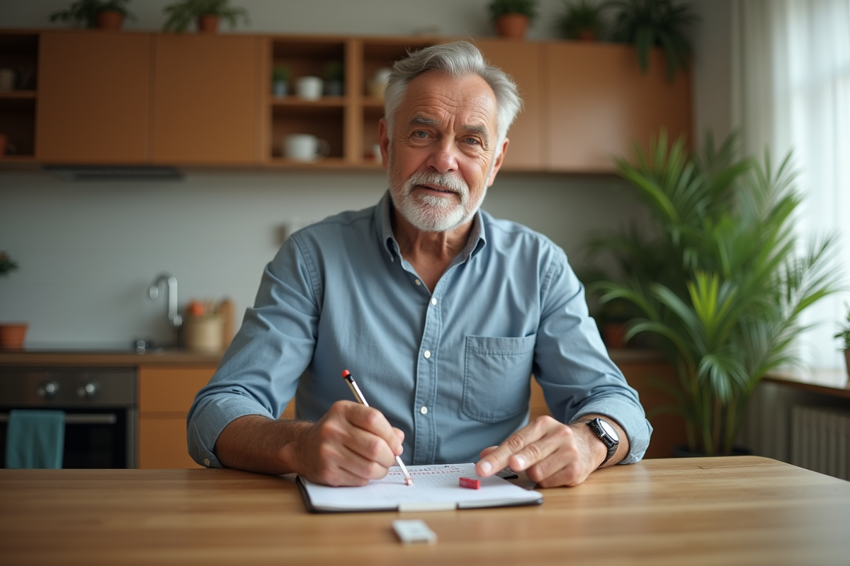 Homme notant sa taille avec un ruban dans la cuisine chaleureuse