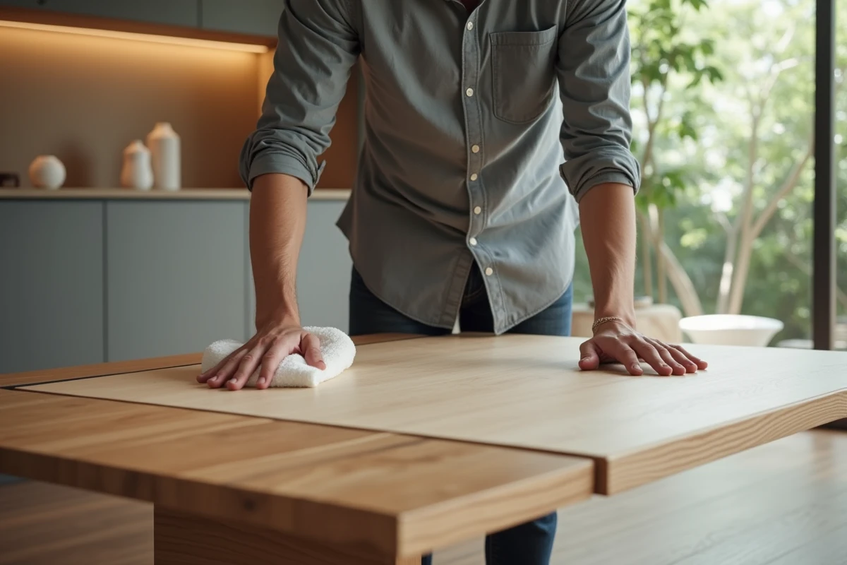 Jeune homme nettoyant une table en bois avec protection