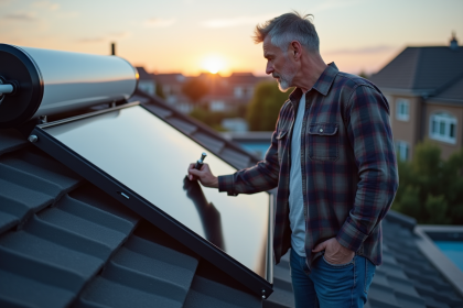 Homme vérifiant un chauffe-eau solaire en soirée sur le toit